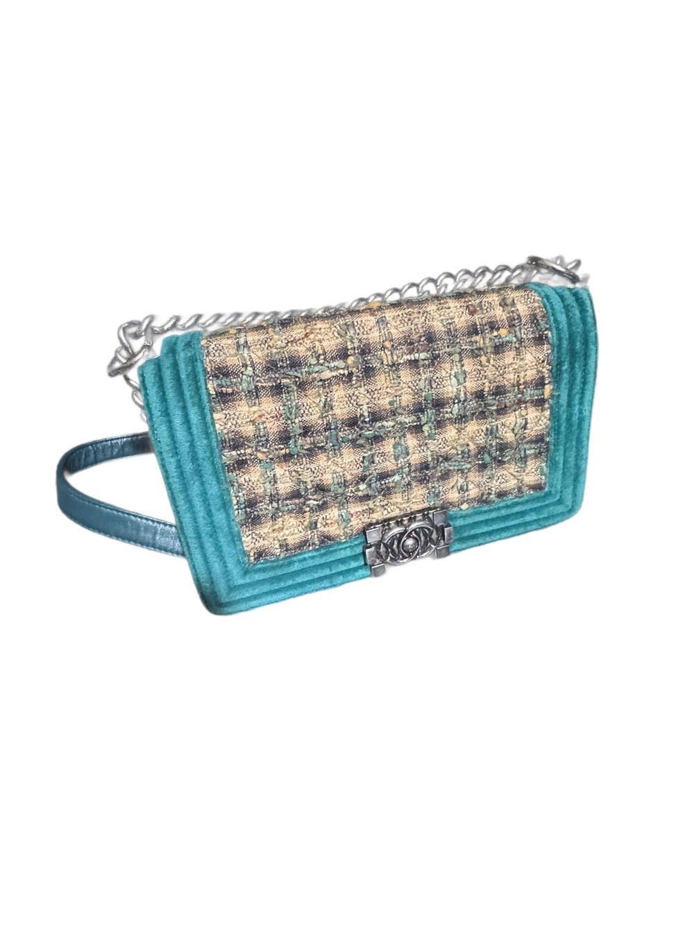 CHANEL Teal Tweed & Velvet Chain Crossbody Bag